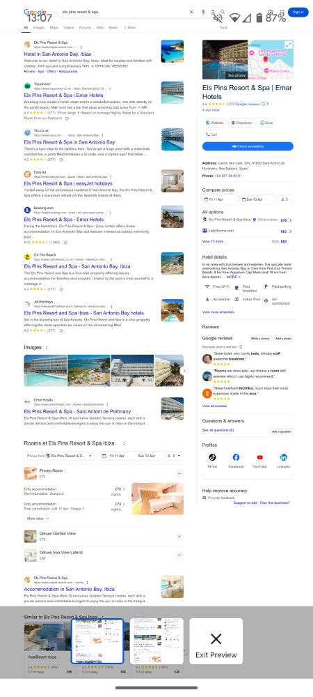 A search result for a hotel, resort and spa. Each blue link is accompanied by a thumbnail image and a review star rating.