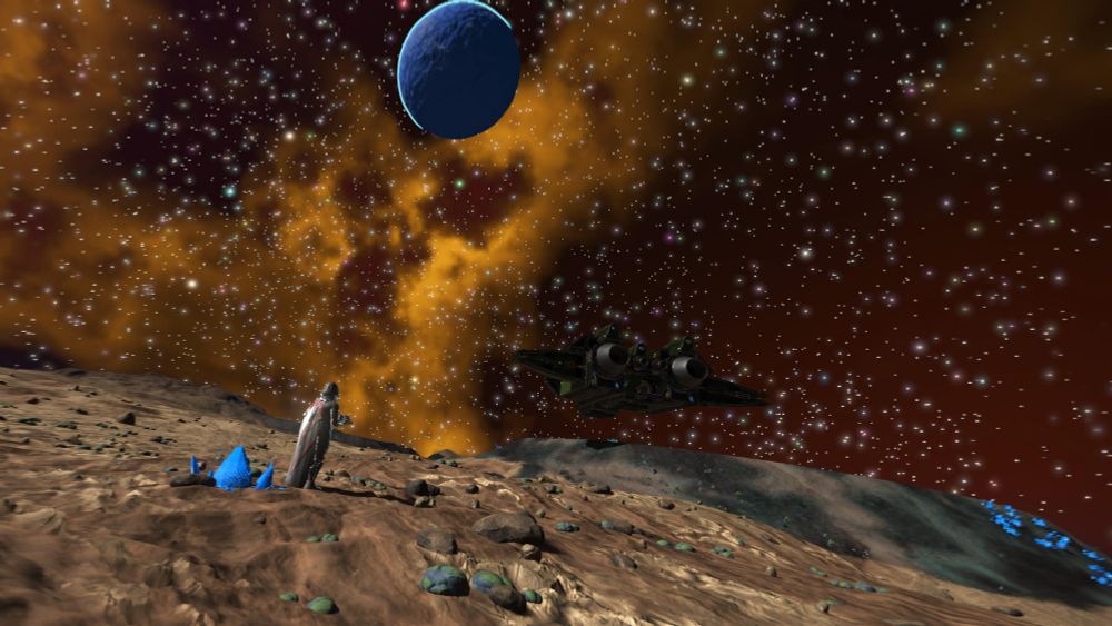 The interloper stands on a desolate atmosphere-less moon, the earth brown and the burgundy sky with orange nebula. A blue planet sits of to one side. No Man's Sky.