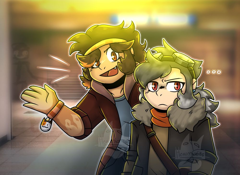 Digital artwork of two Shin Megami Tensei IV original characters, Daiki and Aiya. Daiki has his hand up and is smiling at the viewer, while Aiya stares at viewer with a serious expression on her face. The background is a underground district with metal doors and hallways.