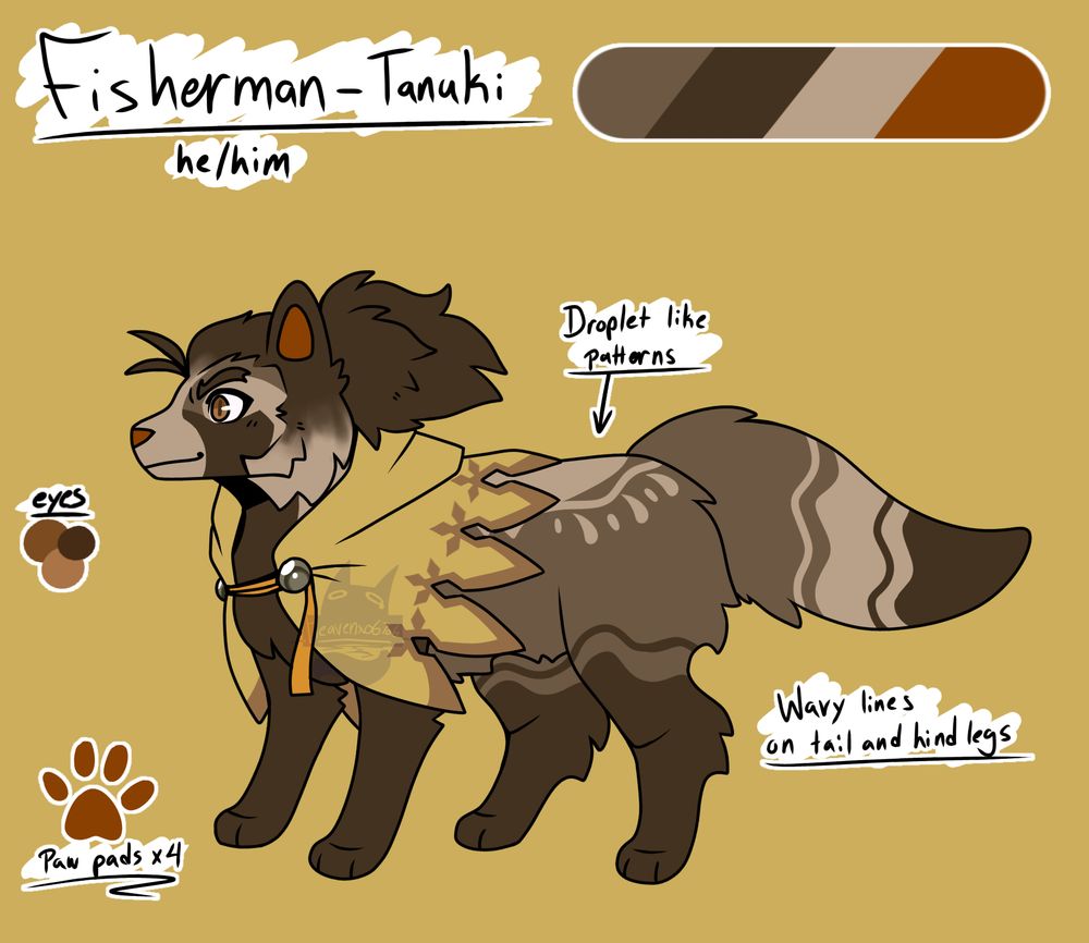 Digital reference sheet of a CBC design of Issachar from Shin Megami Tensei IV. He’s a tanuki with brown and cream fur. Some areas of his fur make waves and droplet patterns.