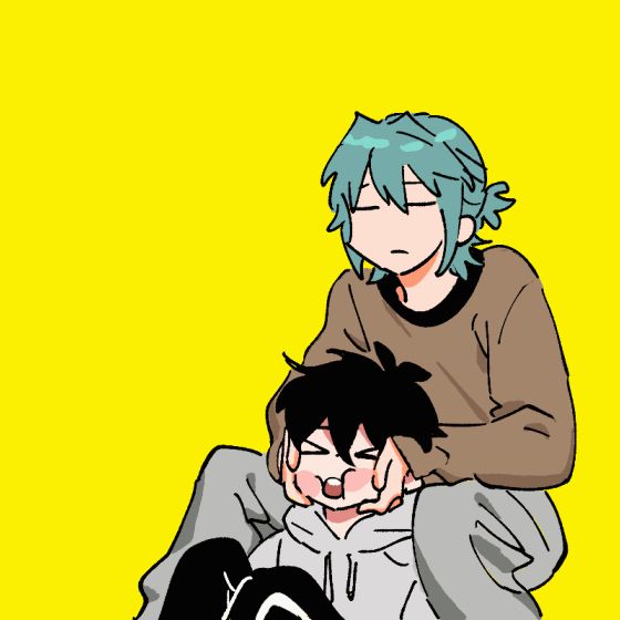 ネロが晶くんのほっぺをもちもちしてる絵