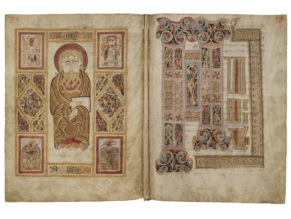 The mid-8th-century ‘Irish Gospels of St Gall’; the Evangelist Mark and the incipit/beginning of his Gospel. St. Gallen, Stiftsbibliothek, Cod. Sang. 51, pp 78–9. Photo: Stiftsbibliothek St. Gallen
