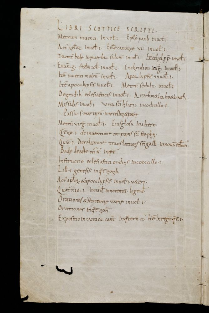 This list of ‘books in Irish script’ (Libri scottice scripti) was compiled in the mid-9th century as part of a catalogue of the library of Sankt Gallen Abbey, testifying to the large number of Irish manuscripts that were already in its collections at this time. Image courtesy of Stiftsbibliothek, St. Gallen, Cod. Sang. 728, p.4 
