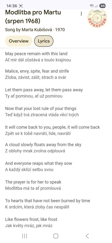 Czech song motlitba pro Martu lyrics Czech and English 