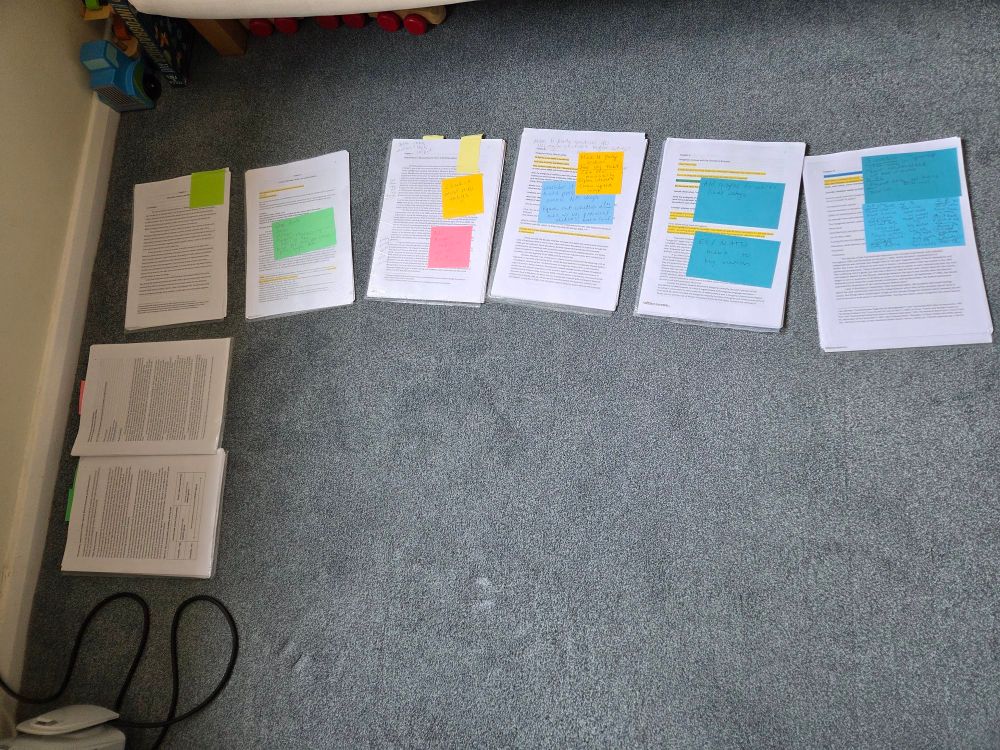 8 manuscripts spread across a floor, covered with post it notes 