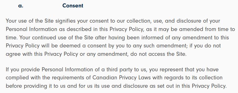 This is a screenshot of the Consent portion of the PeopleGrove Privacy Policy. Merely using the site is agreement to the types of sharing shown in the previous screenshot.