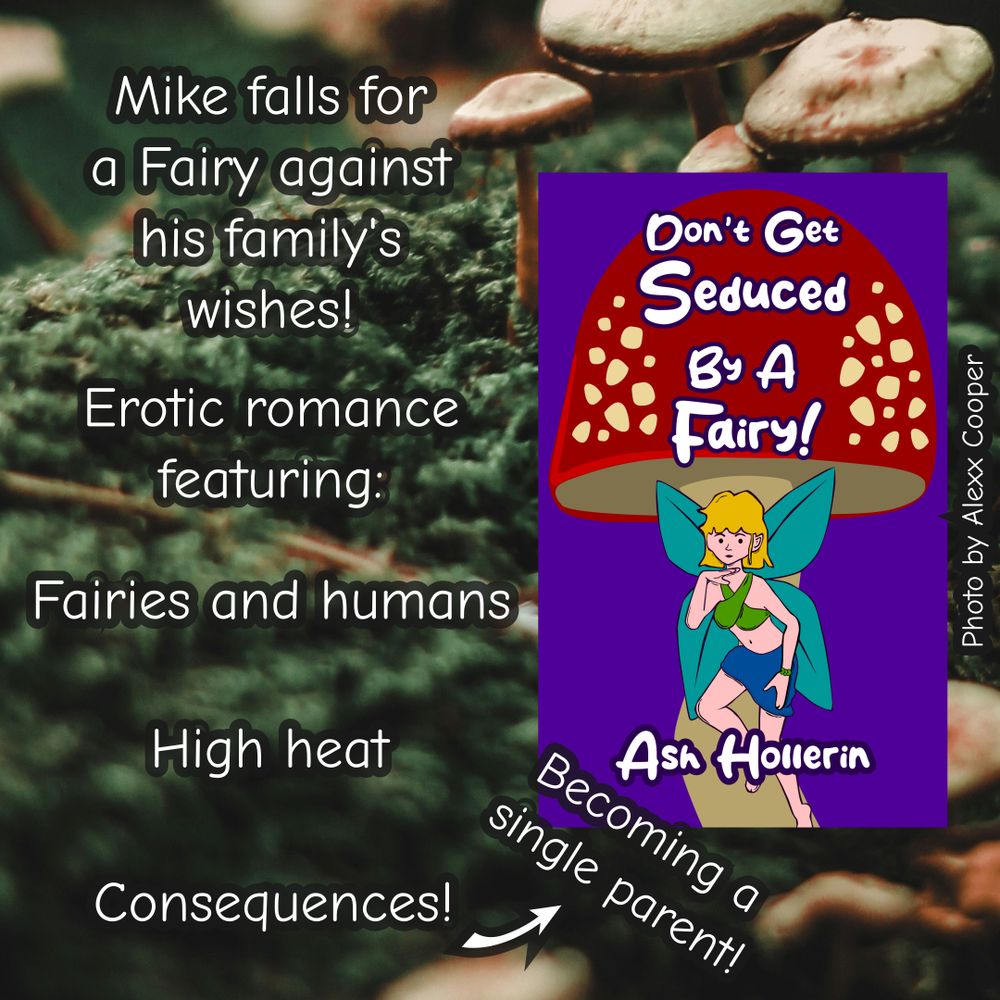 Promo graphic featuring the cover for Don't Get Seduced By A Fairy! by Ash Hollerin. The cover has a red mushroom with a fairy flying in front of it. Text: "Mike falls in love with a Fairy against his family's wishes! This erotic rmoance features: Fairies and humans, High Heat, Consequences!" There's an arrow pointing from "Consequences!" to a text box that says "Becoming a single parent!"

Background image is Selective Focus Photography Of Mushroom by Alexx Cooper.