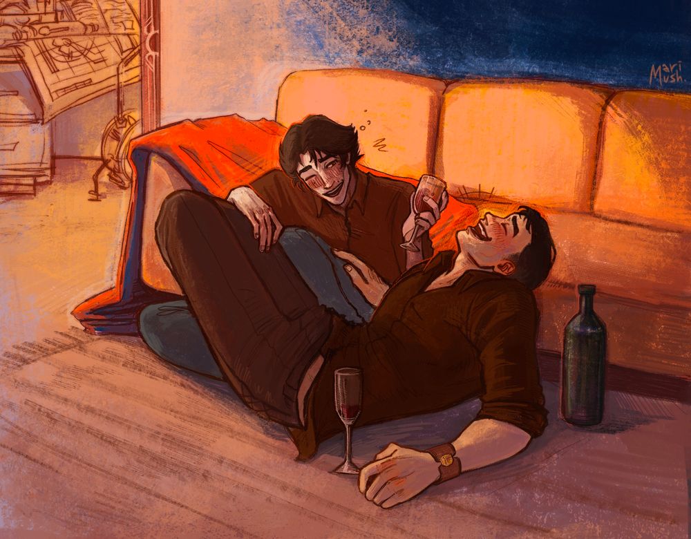 In the background laboratory with light shining from it, Viktor and Jayce are lying on the floor, both drinking wine and laughing