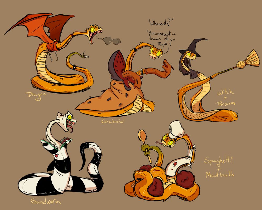 Costumes from Top Right to Bottom Left: Dragon, Graboid, Witch + Broom, Sandworm, Spaghetti and Meatballs. 

Dialogue: "Whassat?" "You wanna eat a bunch of people?"