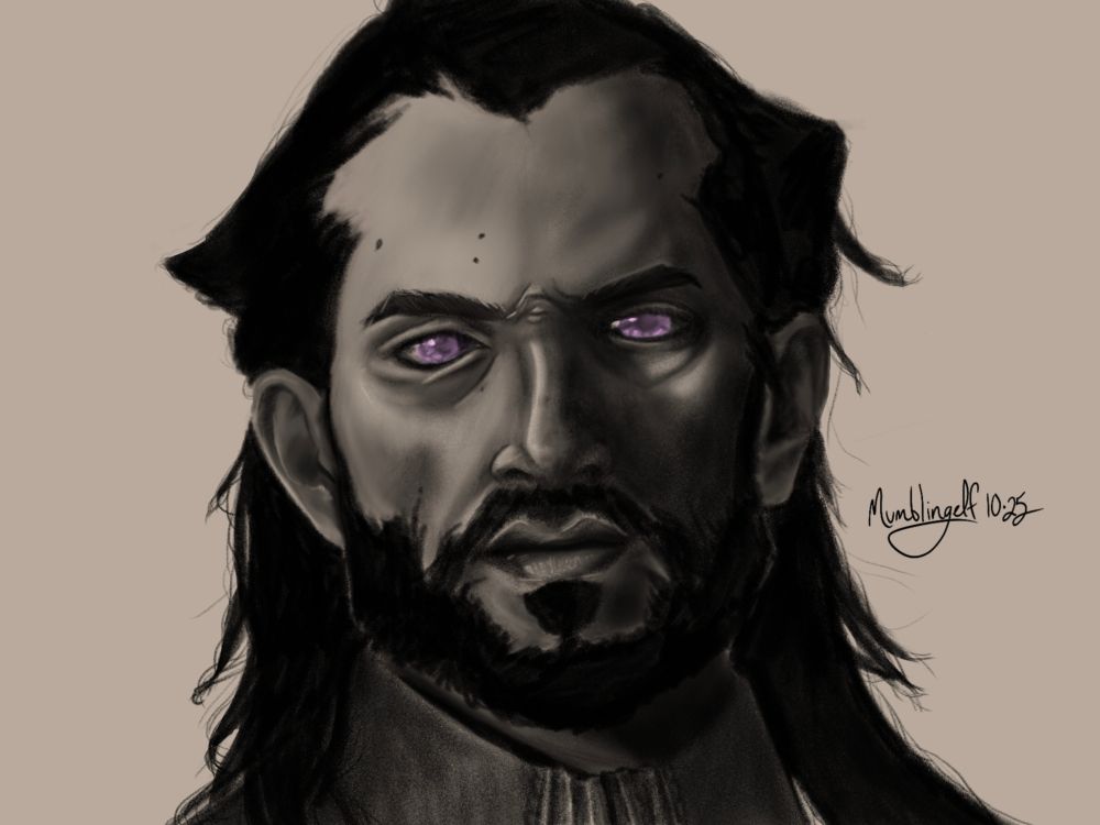 Digital charcoal portrait of Lucanis with Spite's purple eyes by me