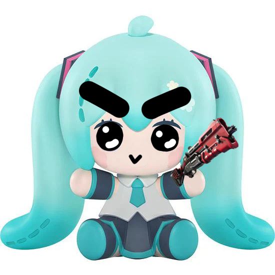 Miku holding a Fortnite shotgun with angry eyebrows, cute big eyes, and a v shaped smile. She's ready to fight!