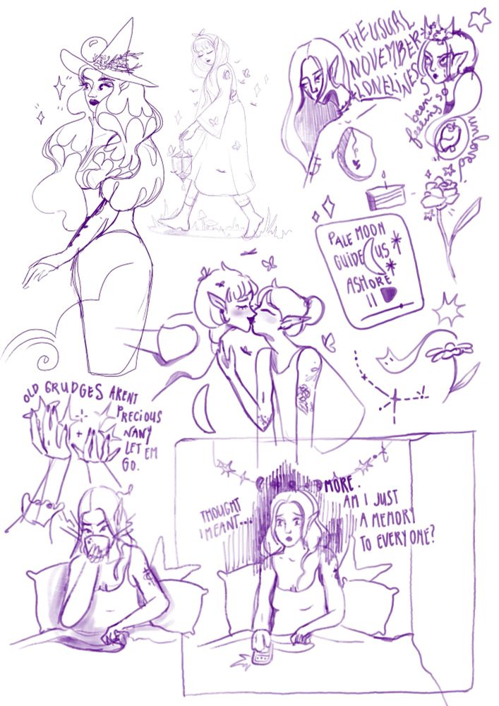 Planche de croquis / journal perso. Sorcière a l’encre, jeune femme avec une lanterne en marche couverte de papillon, couples d’elfes femmes qui s’embrassent et mini BD de moi au coeur brisé lol lol