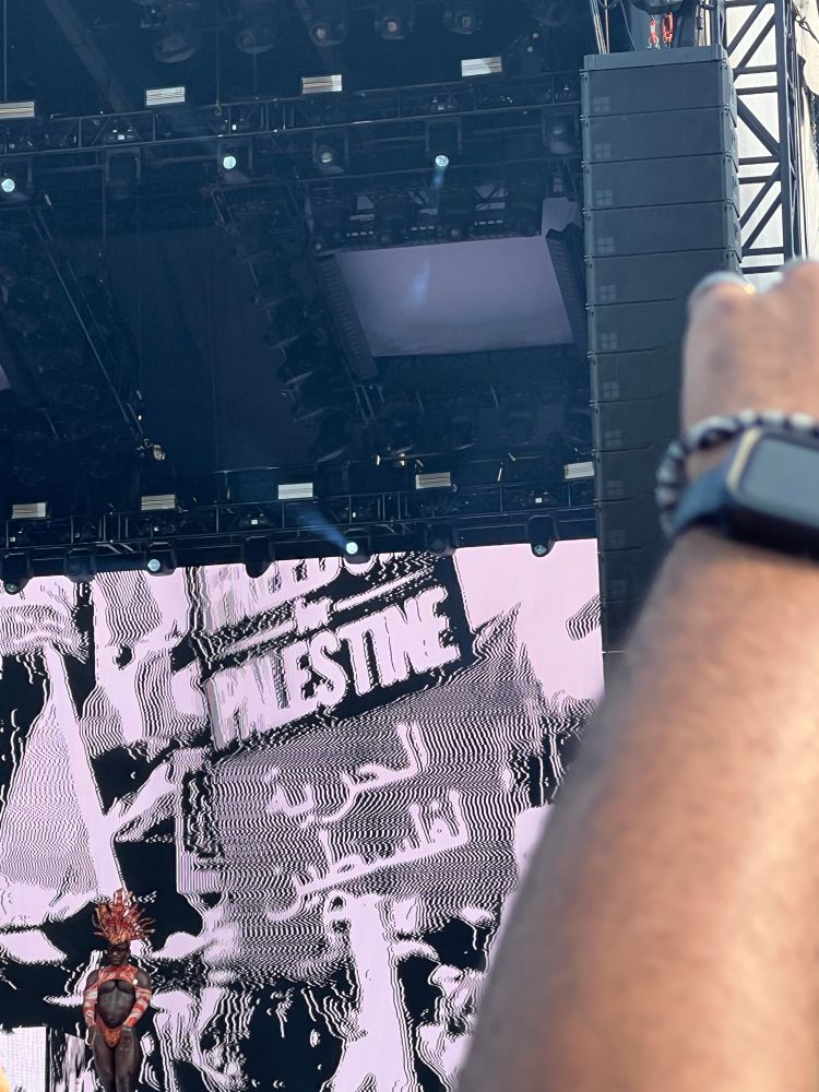Picture of a screen at Lollapalooza, “Free Palestine”