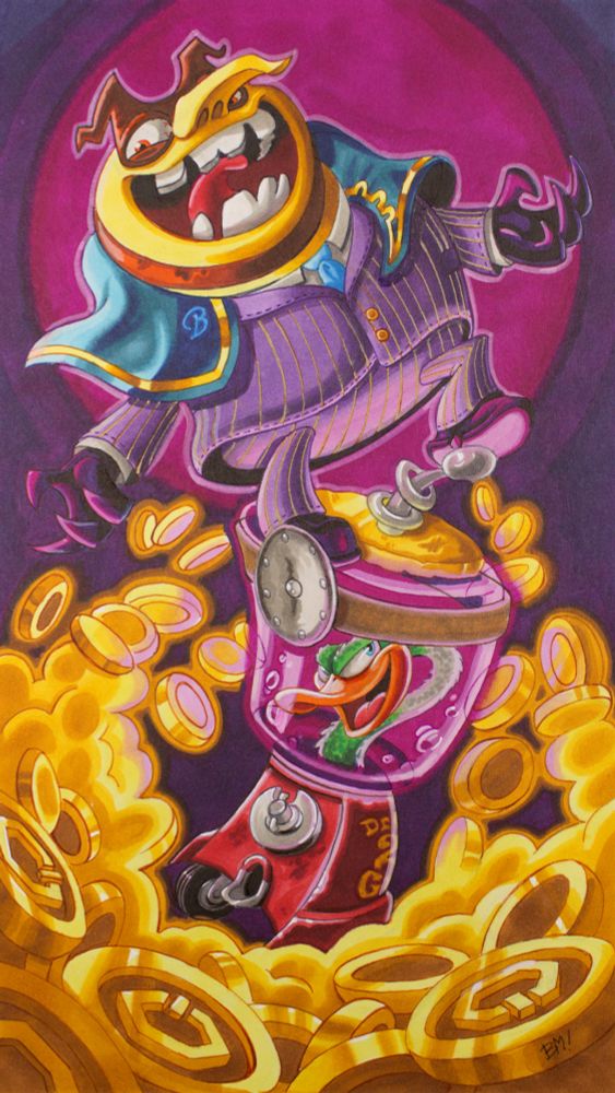 Capital B laughs manically, balanced precariously atop his right hand man (duck?) Dr. Quack. A bed of quids rests beneath them, glittering and bouncing in different directions