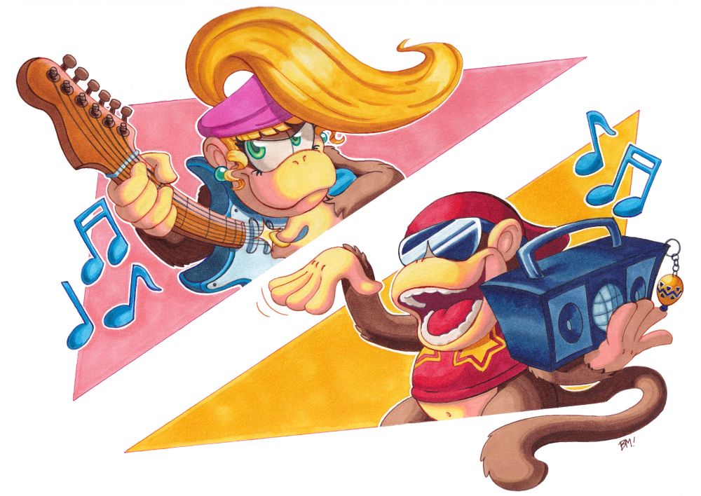 Dixie Kong and Diddy Kong have a jam session! Two colorful triangles make up the composition, with a kong popping out of either one. Dixie is wielding her blue fender stratocaster, while Diddy has his 90's era black boombox. They face each other happily, each vibing to their own tunes. Both are framed by large blue musical notes.