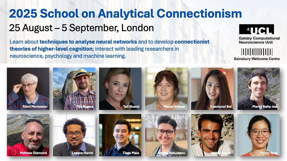 2025 School on Analytical Connectionism (25 Aug -  5 Sep, London). 
Apply by April 18, 2025.

Learn about techniques to analyse neural networks and to develop connectionist theories of higher-level cognition; interact with leading researchers in neuroscience, psychology and machine learning.

Supported by the Gatsby Unit and SWC.