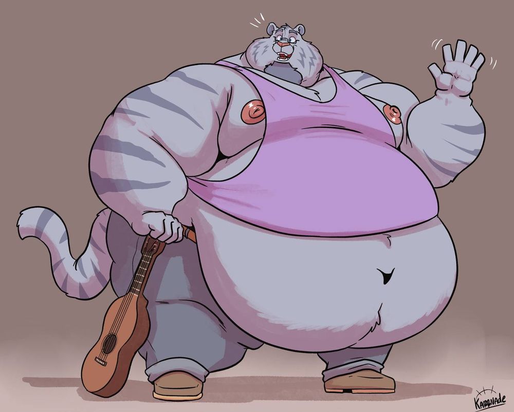 Big tig with a nice big belly, holding his guitar and giving a nice wave~