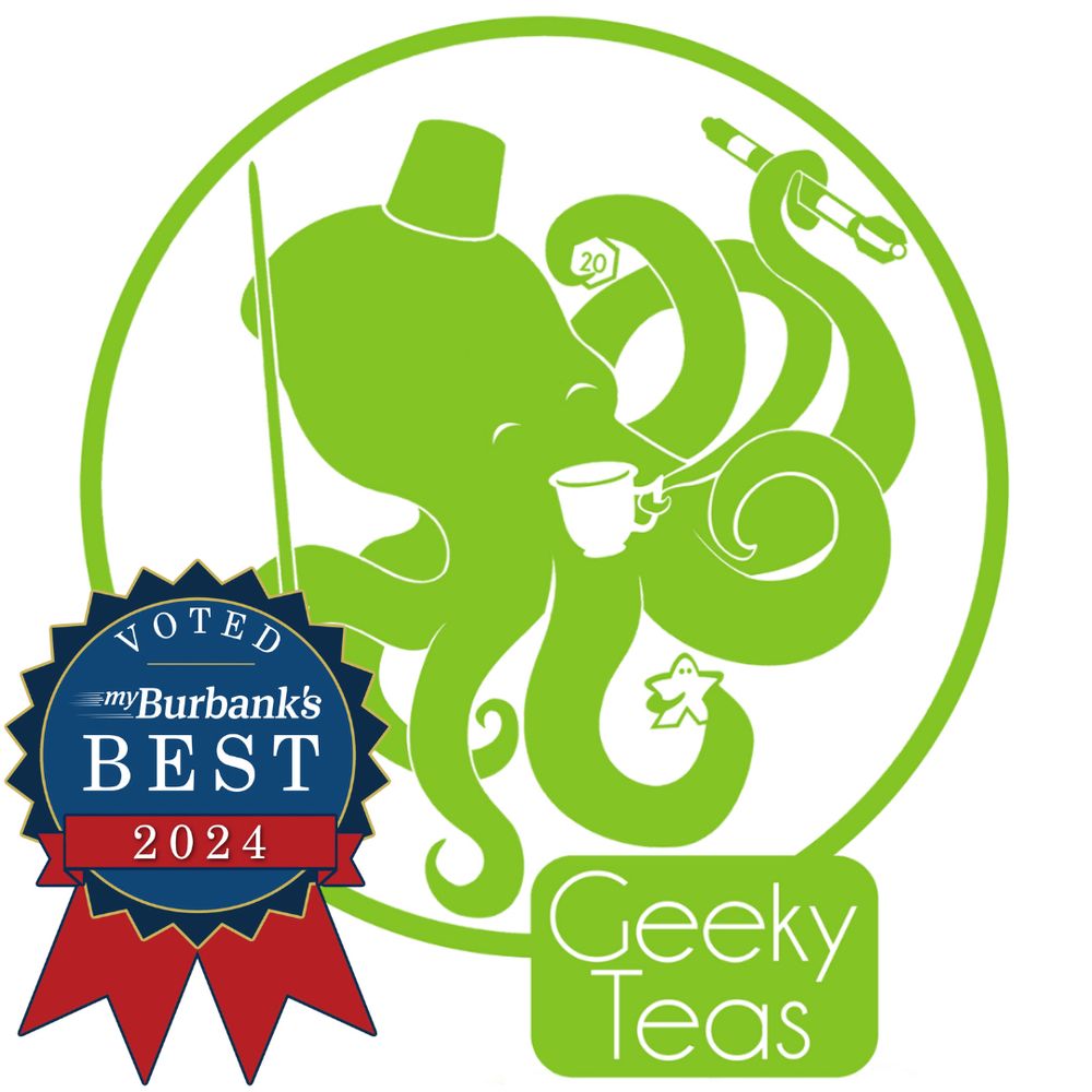 The Geeky Teas & Games green Octopus Logo and a blue and red ribbon showing the words “Voted myBurbank’s Best 2024”
