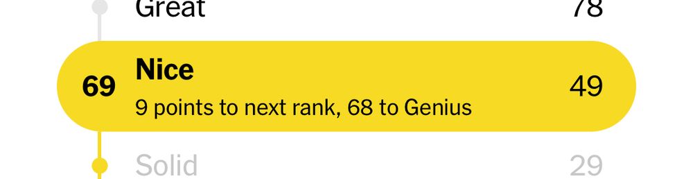 NYT spelling bee game score of 69: nice