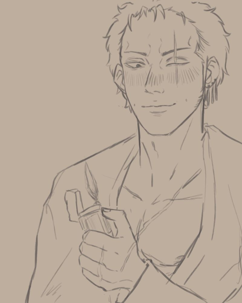 Zoro staring fondly at Sanji's lighter as he holds it up.