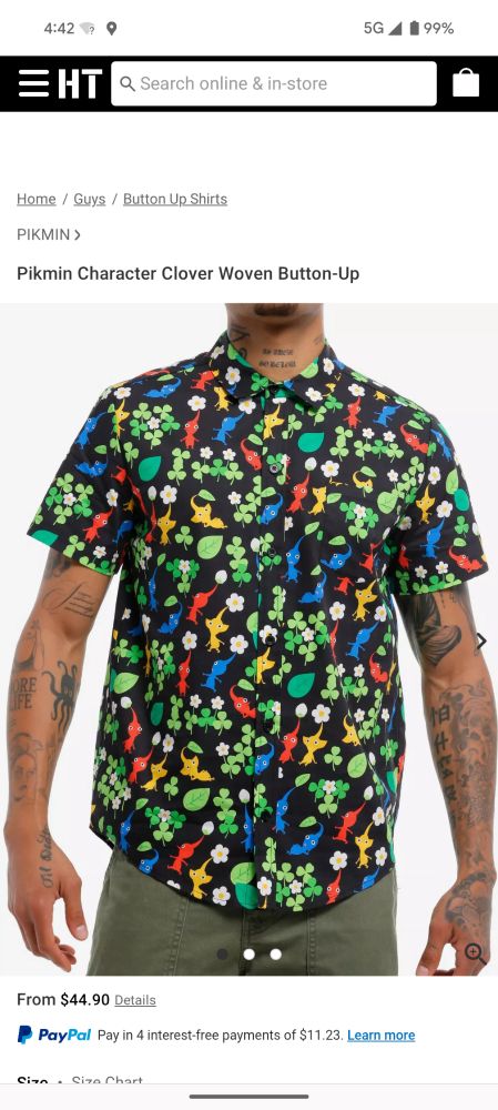 A screenshot of the hot topic product page for "Pikmin Character Clover Woven Button Up." As the name implies, it's a button up with Pikmin and clover 