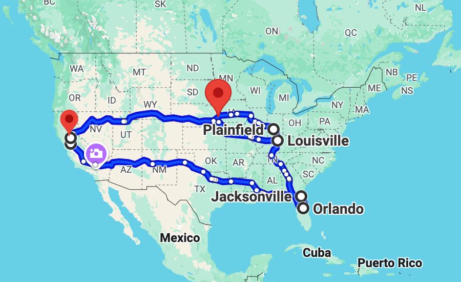 Map of the United States, highlighting the route of my package. The route travels across the US three times, as far West as California and East as Orlando