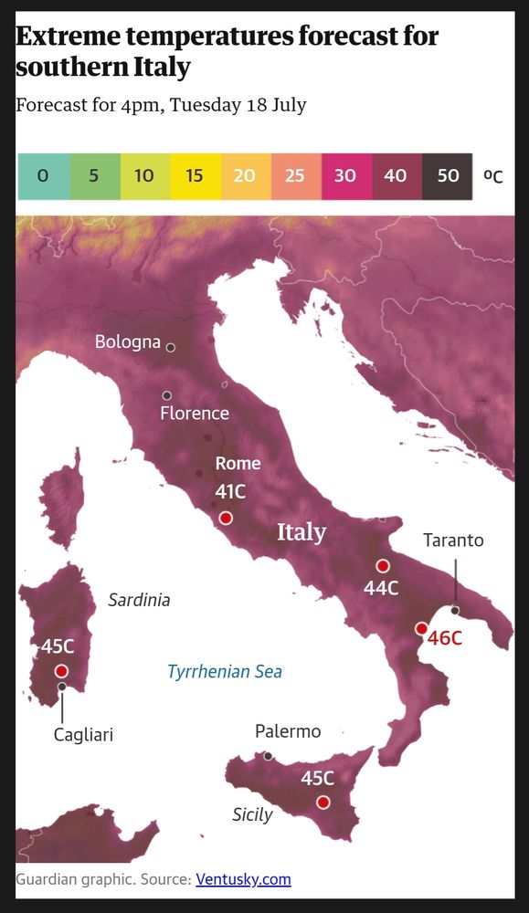 Weather map for Italy, maximum temperatures forecast for Tuesday. 41 Celcius in Rome, 45 for Sicily and Sardinia, 46 on the coast at the Gulf of Taranto 