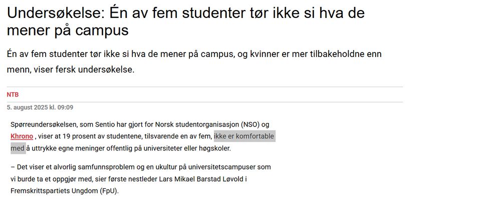 Snip fra sak om at én av fem studenter ikke tør å si hva de mener på campus, med markering av at 19% "ikke er komfortable med" å uttrykke meningen sin