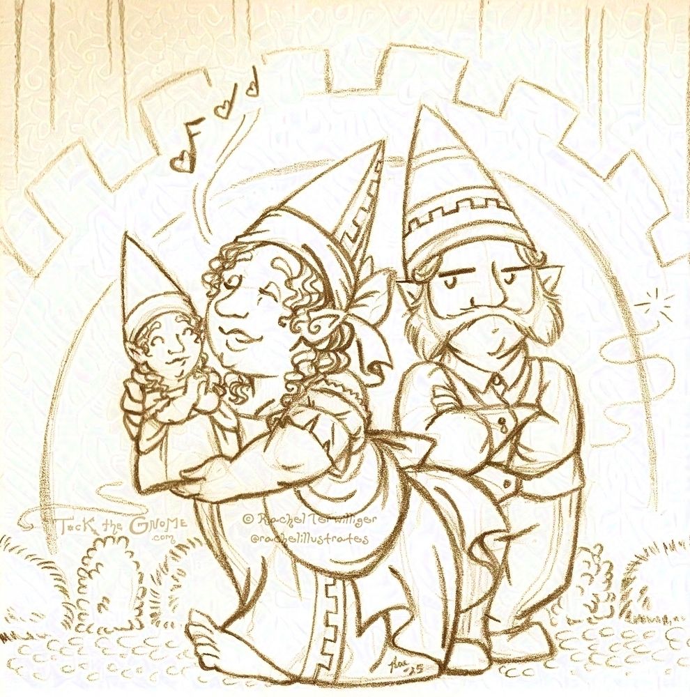 A pencil drawing, digitally tinted sepia, of two gaslamp/steampunk-styled gnomes (both plump, one feminine-presenting and one masculine-presenting, with similar facial features) standing in a walled garden. The gnome woman holds a “garden gnome” created in the likeness of herself, and looks very calmly pleased about it, though her companion glare-glances over at her in judgment. Heart-shaped musical notes float above her head, on the opposite side from him, indicating that she is singing or humming in her happiness.