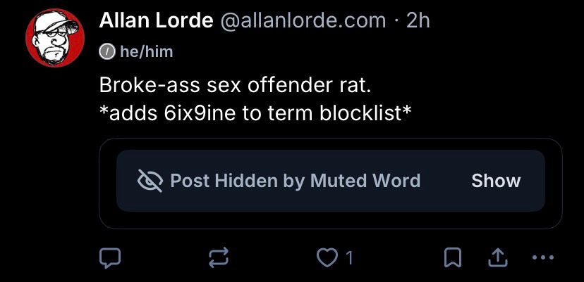 A screencap of the term “6ix9ine” being blocked in my own previous post.