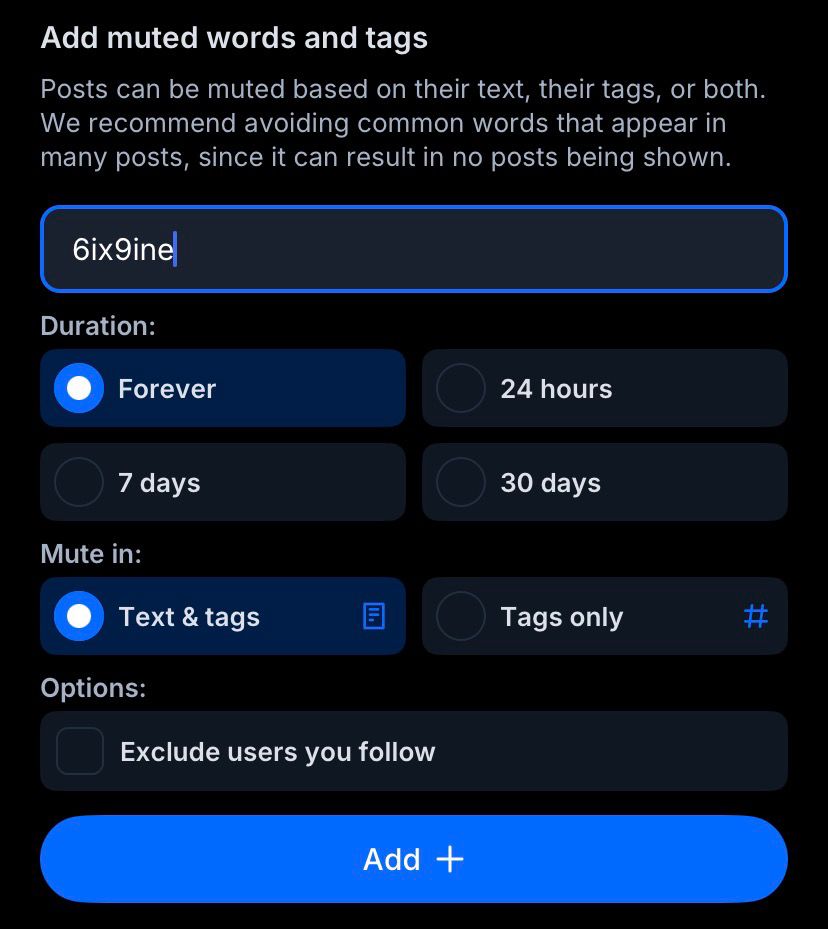 A screencap of “6ix9ine” being added to my blocklist in the moderation section.
