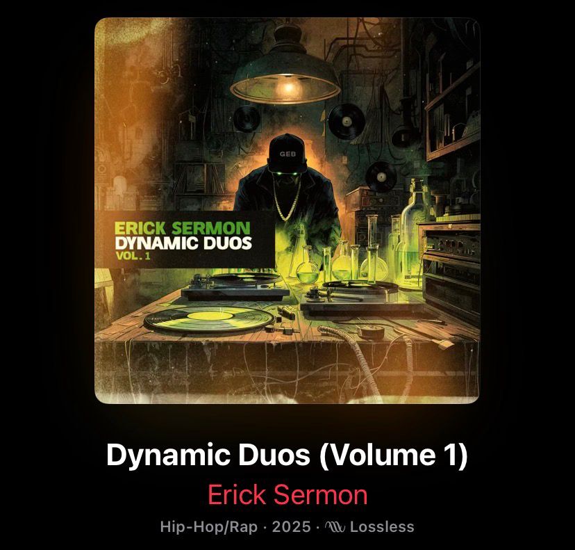 A screen cap of Erick Sermon’s Dynamic Duos (Volume 1) album within the Apple Music app. The cover GenAI.