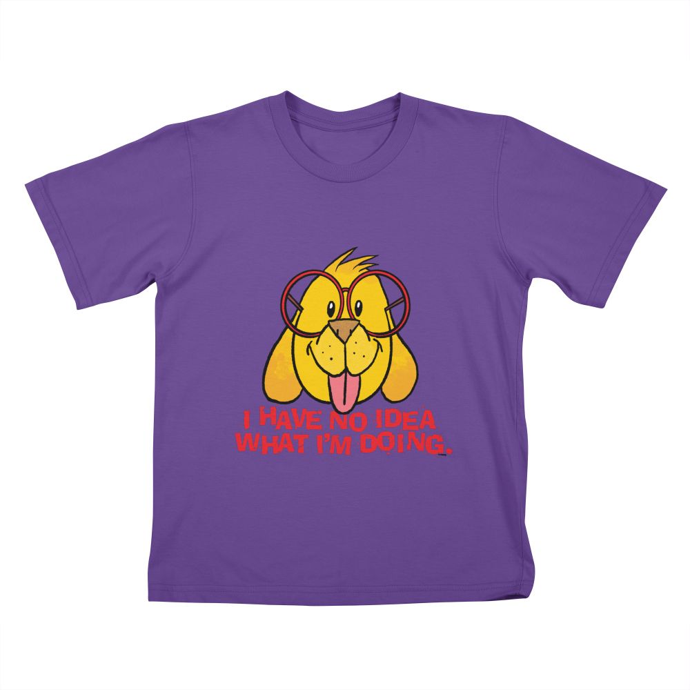 An illustration of Labrador retriever puppy wearing glasses. Underneath the puppy’s head it says “I HAVE NO IDEA WHAT I’M DOING.” This time, it’s on a purple kids’ shirt.