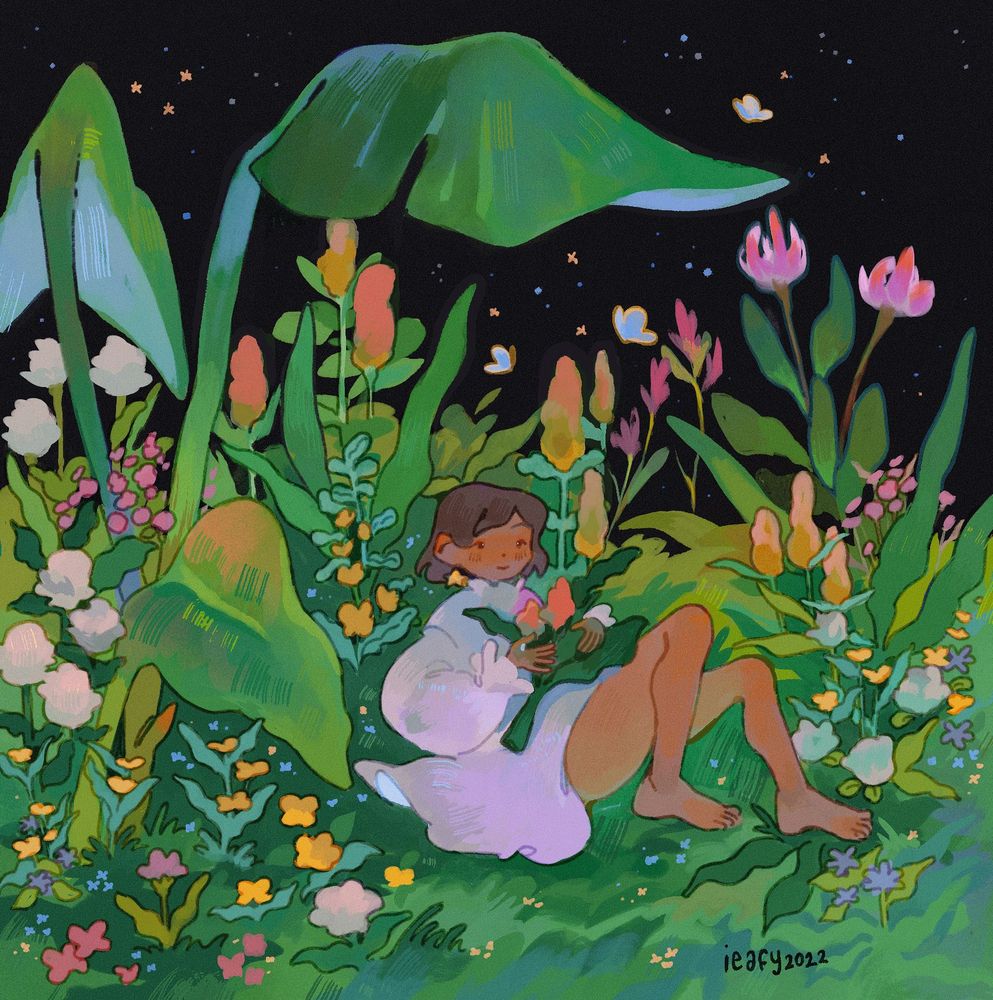 Digital illustration of a young woman in a garden. Its night time yet bright. She wears a white dress and a dark brown bob. She has brown skin. 