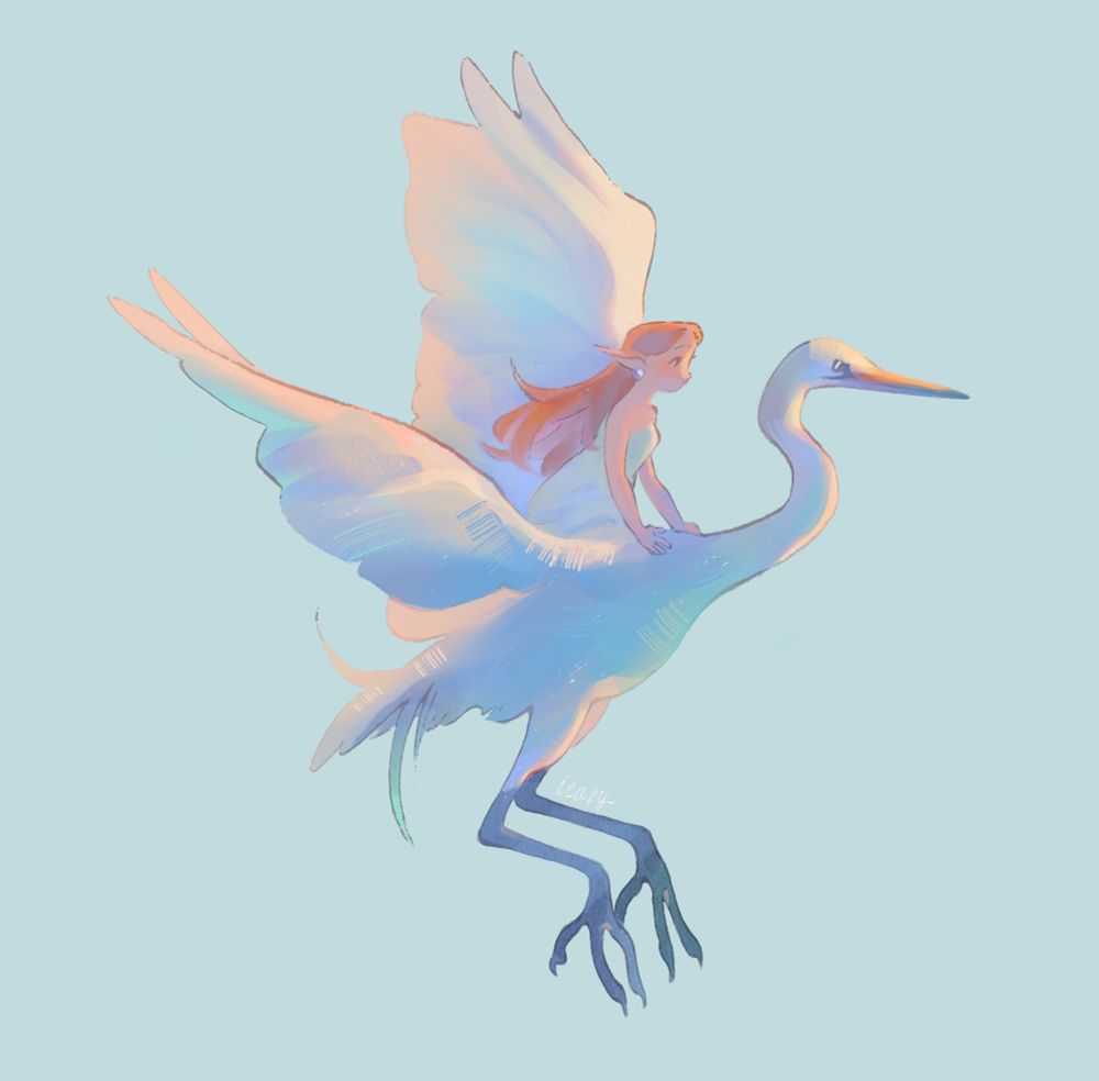 A digital illustration of a girl on a flying egrets back. The art is intended as a sticker design.