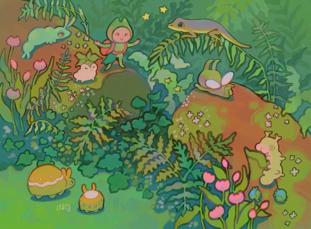 A digital illustration of a rainforest undergrowth scene, featuring lots of creatures and two characters. 