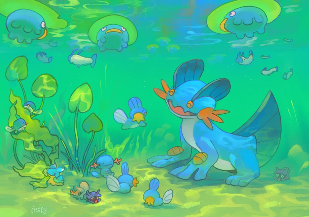 A digital illustration of an underwater scene featuring various Pokemon including Swampert and Mudkip