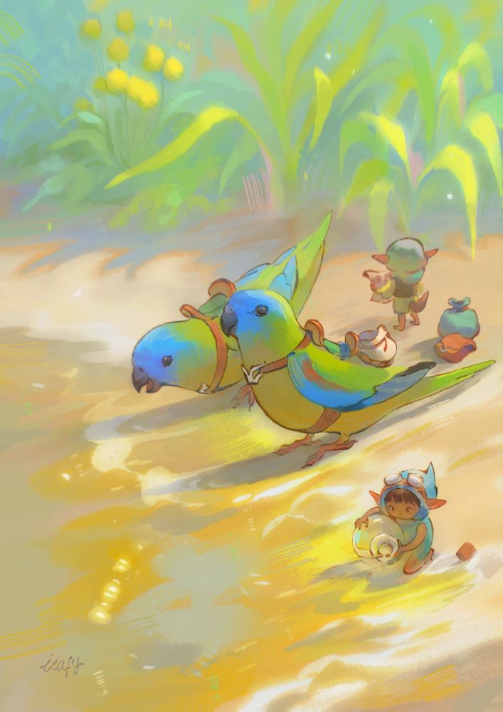 A digital illustration of two turquoise parrots and two adventures.