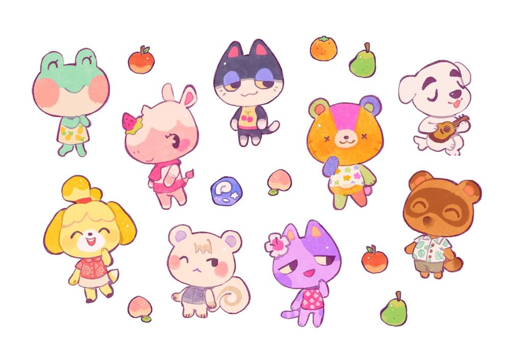 A digital illustration of various animal crossing characters, little fruits and a fossil, designed for a sticker sheet.