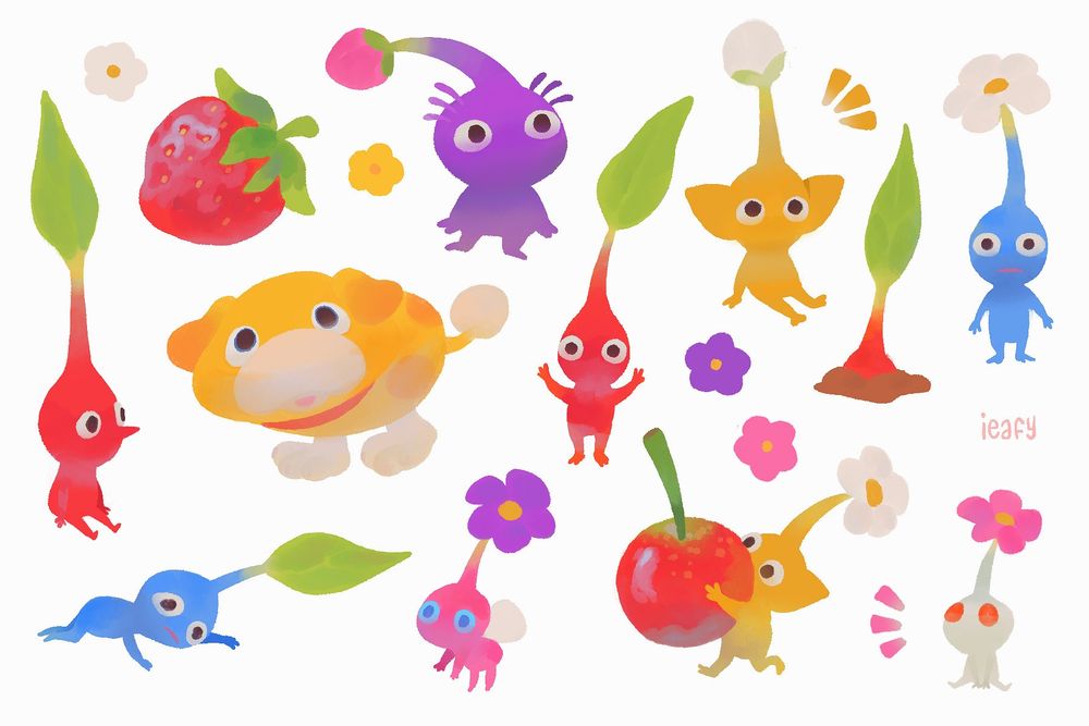 A page of pikmin, with a strawberry and little flower accents. Designed for a sticker sheet 