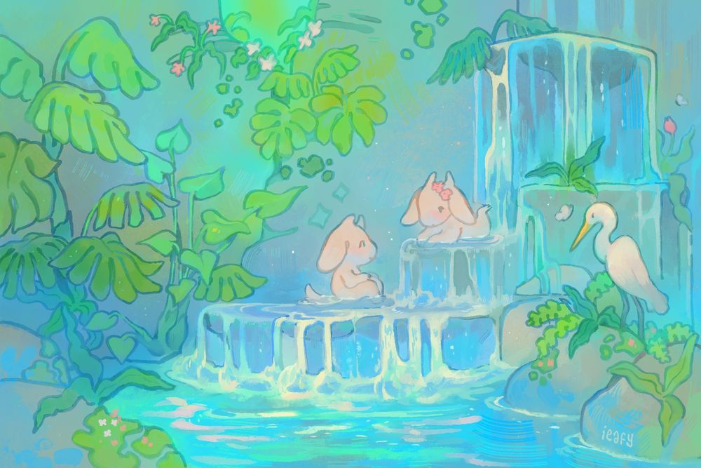 A digital illustration of a waterfall scene. There are monstera plants, a heron, and two goat-like characters.