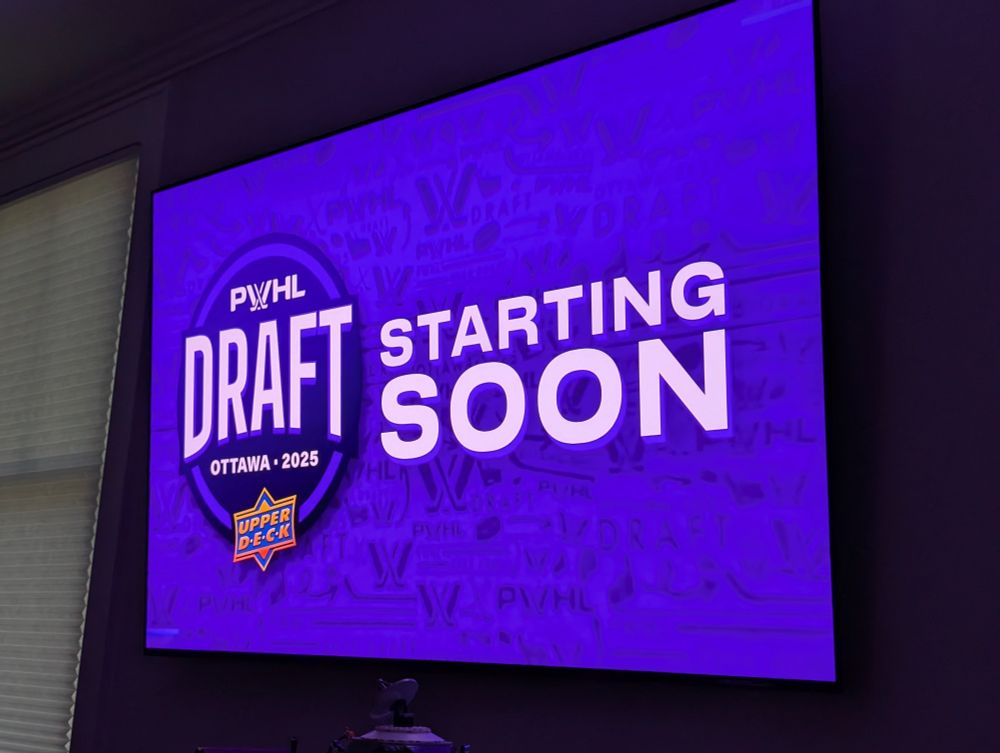 A TV showing the starting soon graphic for the PWHL draft