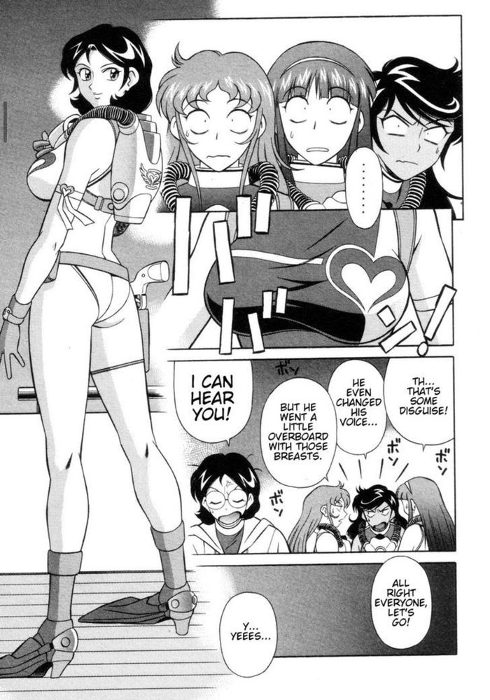 mazinger angels showing prof nonaka disguised as hikaru, with maria, jun and sayaka commentating on it.