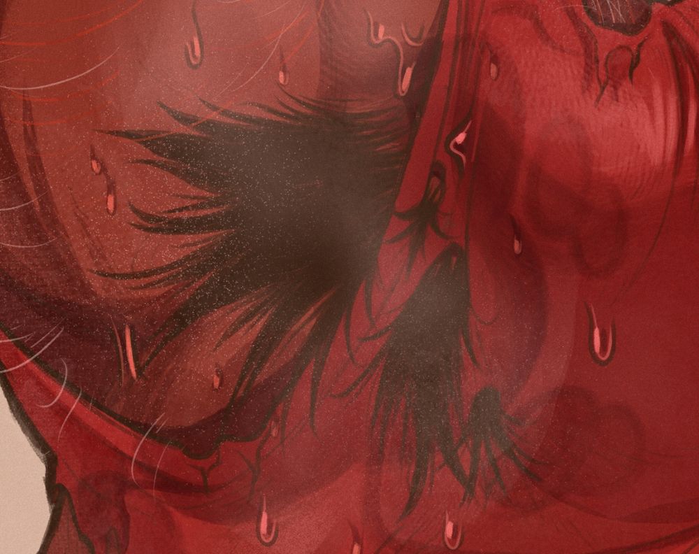 Werewolf DILF's hairy, musky pits, slightly covered by that red shirt, but never fully contained... For who can control such a beautiful mane of pit hair?