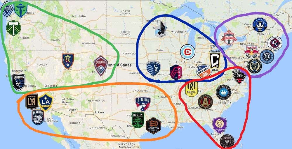 Map of the USA with MLS team locations marked with their crests. A green circle surrounds Seattle, Vancouver, Portland, San Jose, Salt Lake and Colorado. A blue circle surrounds Minnesota, Chicago, Columbus, Cincinnati, St Louis and Kansas City. A purple circle surrounds Toronto, Montreal, New England, NYC, NY/NJ and Philly. A red circle surrounds DC, Charlotte, Nashville, Atlanta, Orlando and Miami. An orange circle surrounds LA, Carson, San Diego, Austin, Dallas and Houston.