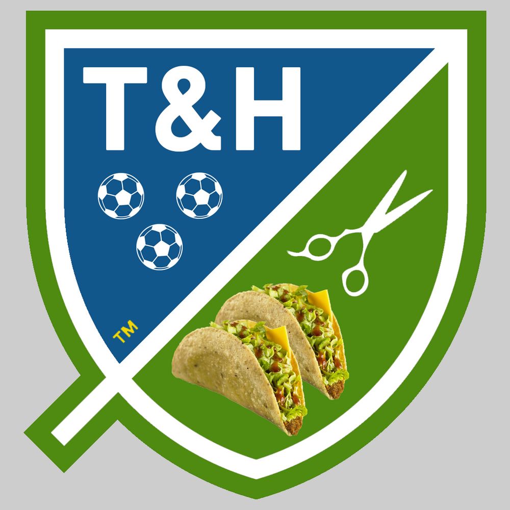 The mls logo in Sounders blue and green. T&H replaces MLS, three soccer balls replace the stars, 2 Jack in the Box tacos and clip art scissors in the bottom right