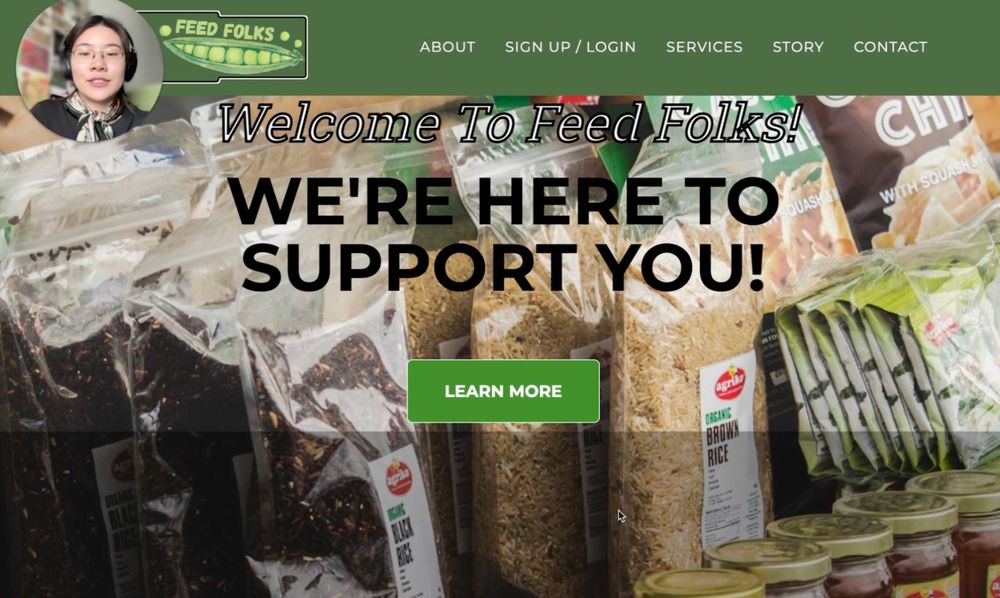 Screenshot of Hesper's Loom Demo. Her headshot is in the top right corner, and the text on the page says Welcome to Feed Folks! We're here to Support You! Learn More.