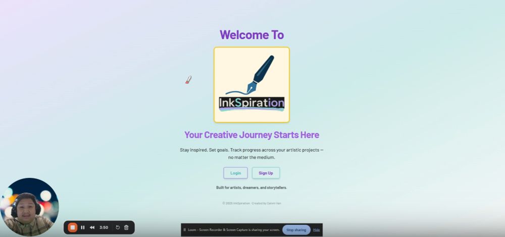 Screenshot of the loom Calvin created to demo his app. It shows the homescreen of Inkspiration and his photo is in the corner. 