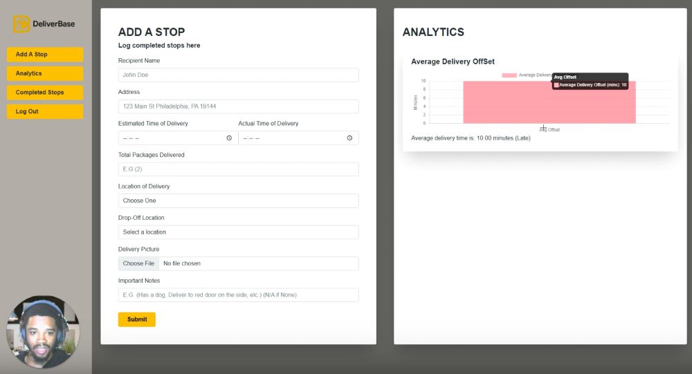 Screenshot of Owen's Loom video. Here is guiding people through adding stops in his app, and tracking analytics.