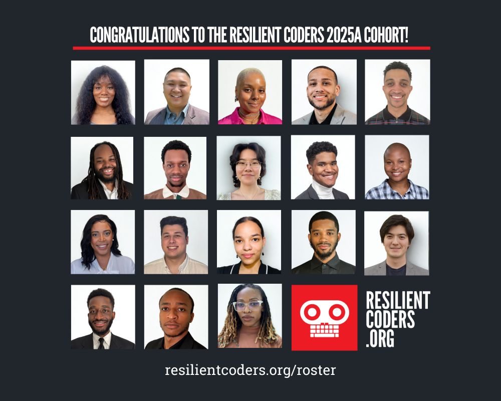 Headshots of our RC graduates from the 2025A cohort. Also, our RC logo. And resilientcoders.org and resilientcoders.org/roster